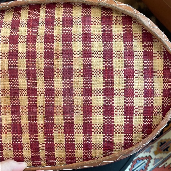 OOAK Gingham raffia and genuine leather giant Red and Tan Checkered Tote Bag - Picture 10 of 13